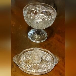Indiana Glass Clear Crystal Compote and Tray Set